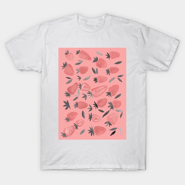 Watercolors strawberries - dusty pink on pink T-Shirt by wackapacka